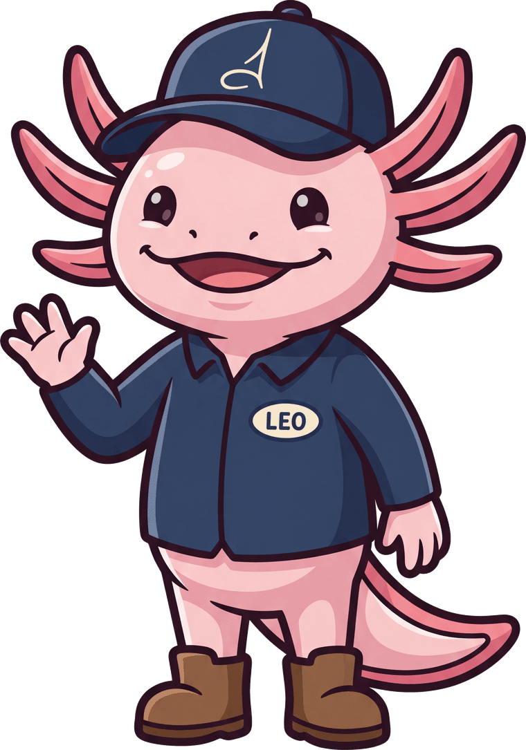 Leo, a friendly pink axolotl in a navy work cap, waving hello